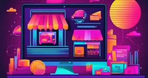 Ilustração de uma loja virtual em um computador destacando o conceito de vendas online e e-commerce.