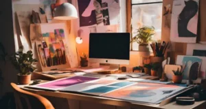 Estúdio de design criativo com materiais de identidade visual em desenvolvimento.