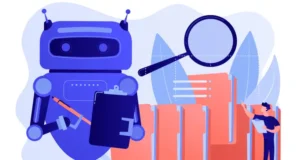 Ilustração de um robô com prancheta ao lado de arquivos e lupa, representando o conceito de robots.txt em SEO.
